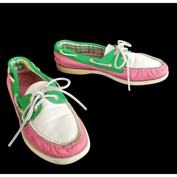 Sperry Shoes - Sperry Top Sider Leather Boat Shoes Women 8M Pink Green White Colorblock Used